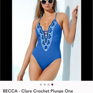 BECCA Clare Crochet Blue One Piece with White Crochet Detail
